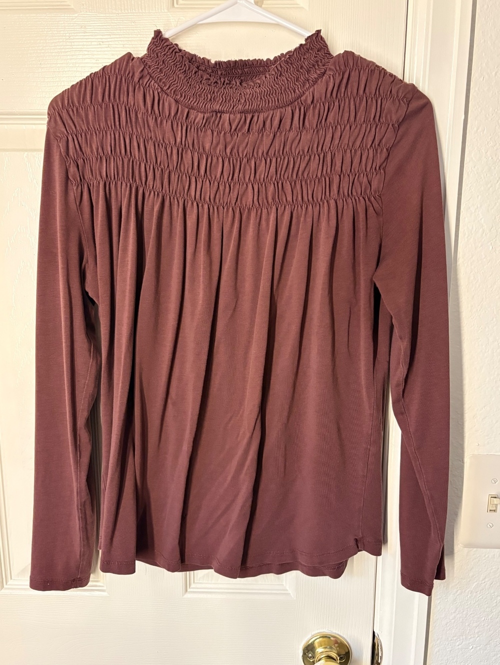 Women's Long Sleeve Top with Smocked Neck and Shoulder Detail - Mauve